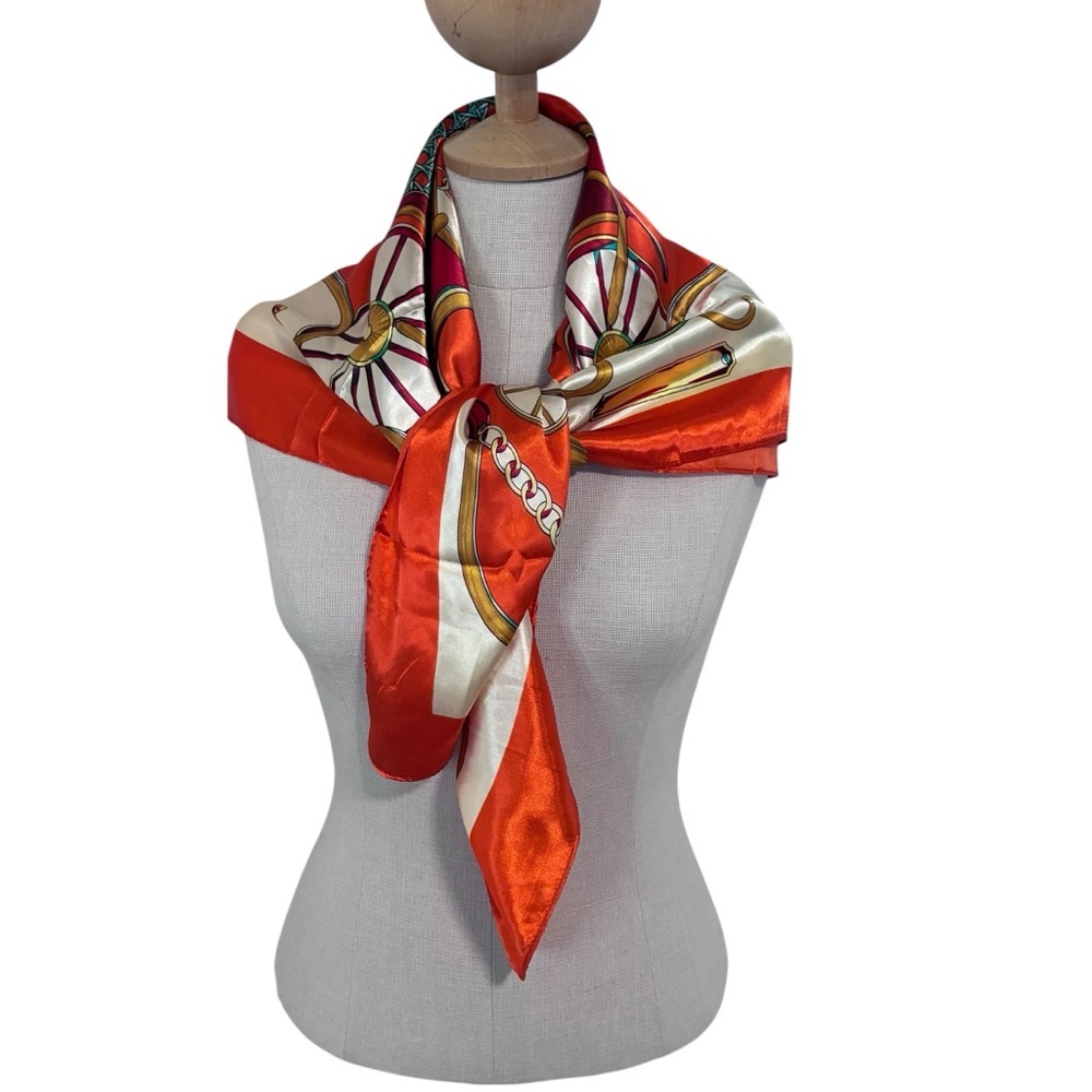 MOSI Orange, White & Gold Carriage-Print Silk-Feel Square Scarf - Picture 2 of 10